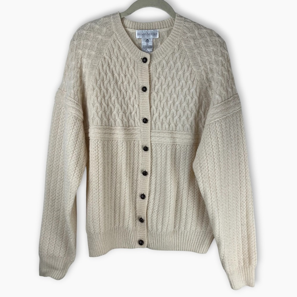 Robert Scott Ltd Wool Cardigan Sweater Cream Cable Knit Button Women Medium